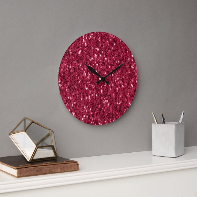 Dark pink red magenta faux sparkles glitters large clock (Office)
