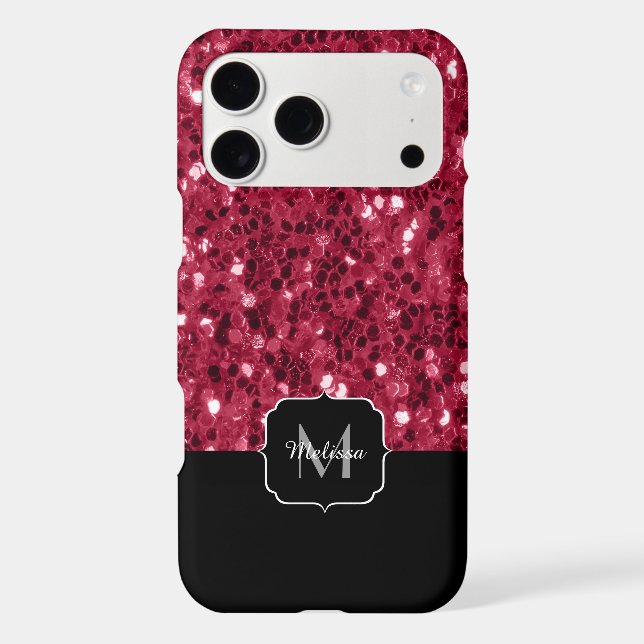Dark pink red magenta faux sparkles Monogram (Back)