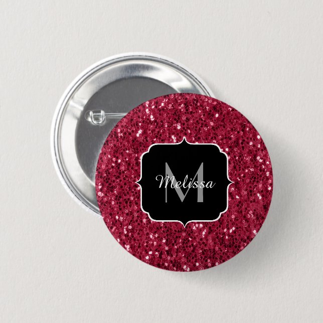 Dark pink red magenta faux sparkles Monogram 6 Cm Round Badge (Front & Back)
