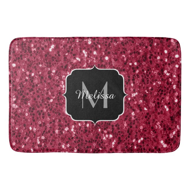 Dark pink red magenta faux sparkles Monogram Bath Mat (Front)
