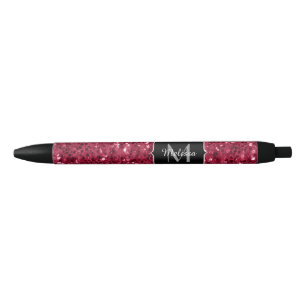 Dark pink red magenta faux sparkles Monogram Black Ink Pen
