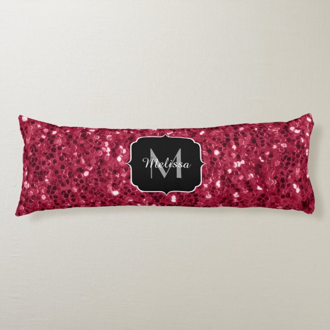 Dark pink red magenta faux sparkles Monogram Body Cushion (Front)