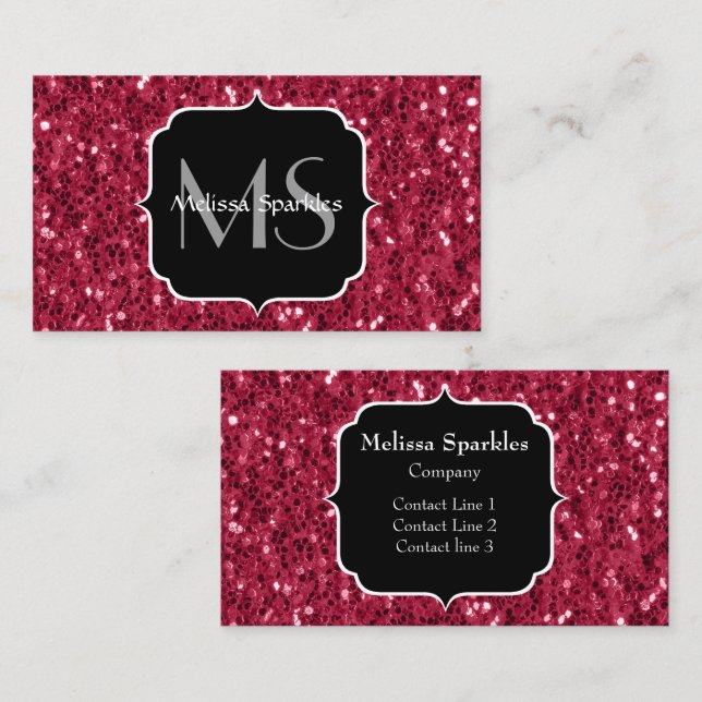Dark pink red magenta faux sparkles Monogram Business Card (Front/Back)