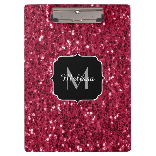 Dark pink red magenta faux sparkles Monogram Clipboard (Front)