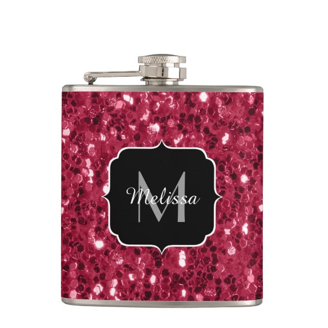 Dark pink red magenta faux sparkles Monogram Hip Flask (Front)
