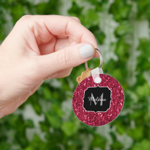Dark pink red magenta faux sparkles Monogram Key Ring