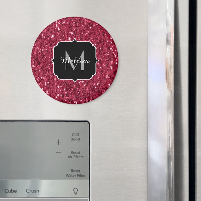 Dark pink red magenta faux sparkles Monogram Magnet (In Situ (Fridge))