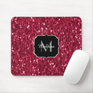 Dark pink red magenta faux sparkles Monogram Mouse Pad