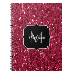 Dark pink red magenta faux sparkles Monogram Notebook