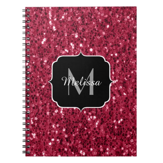 Dark pink red magenta faux sparkles Monogram Notebook (Front)