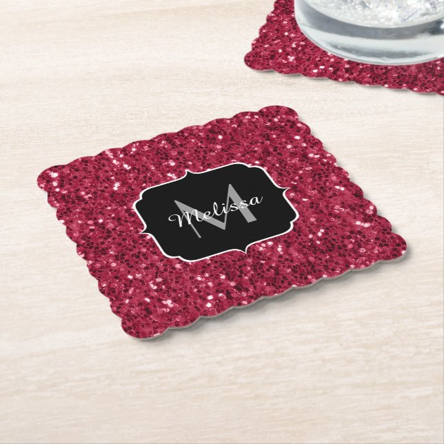 Dark pink red magenta faux sparkles Monogram Paper Coaster (Angled)