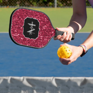 Dark pink red magenta faux sparkles Monogram Pickleball Paddle
