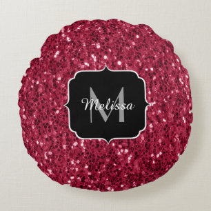 Dark pink red magenta faux sparkles Monogram Round Cushion