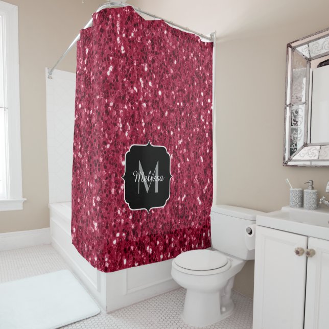 Dark pink red magenta faux sparkles Monogram Shower Curtain (In Situ)
