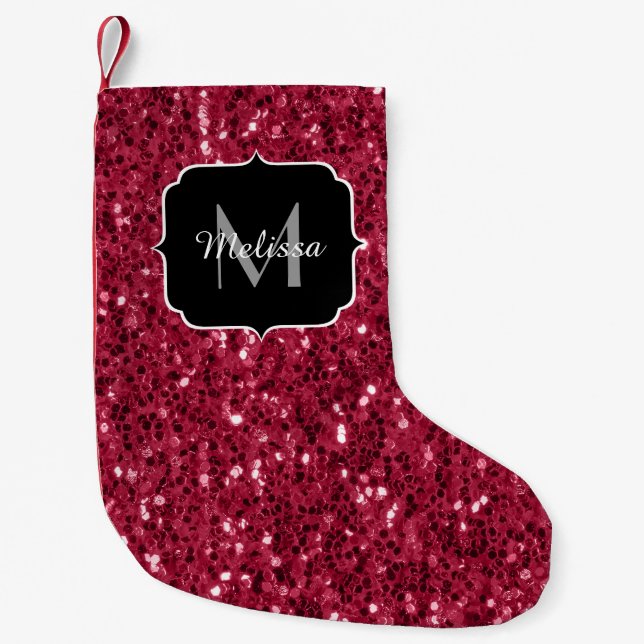 Dark pink red magenta faux sparkles Monogram Small Christmas Stocking (Front)