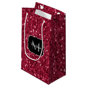 Dark pink red magenta faux sparkles Monogram Small Gift Bag