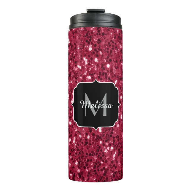 Dark pink red magenta faux sparkles Monogram Thermal Tumbler (Front)
