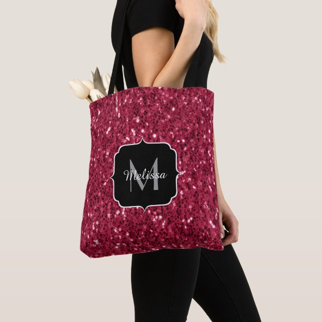 Dark pink red magenta faux sparkles Monogram Tote Bag (Close Up)