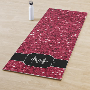 Dark pink red magenta faux sparkles Monogram Yoga Mat
