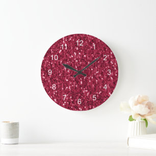 Dark pink red magenta faux sparkles with numbers large clock