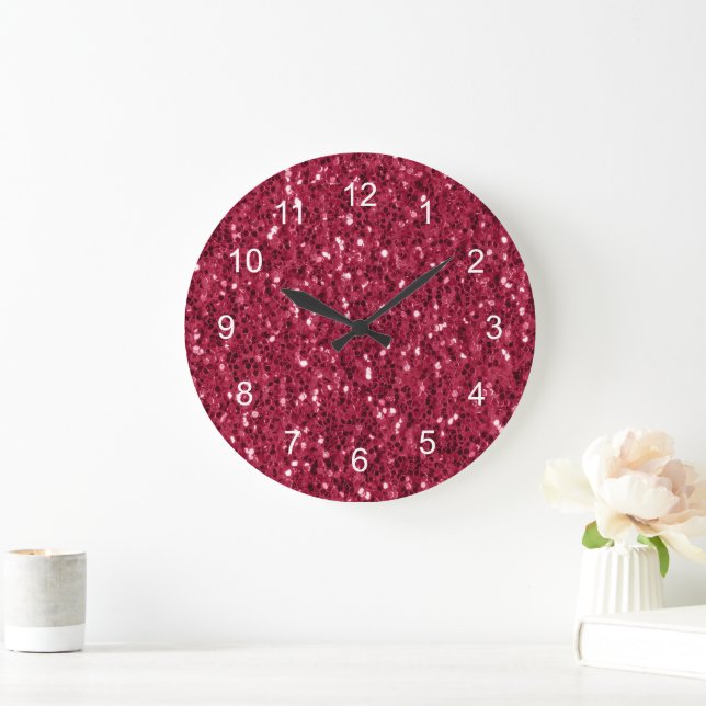 Dark pink red magenta faux sparkles with numbers large clock (Home)