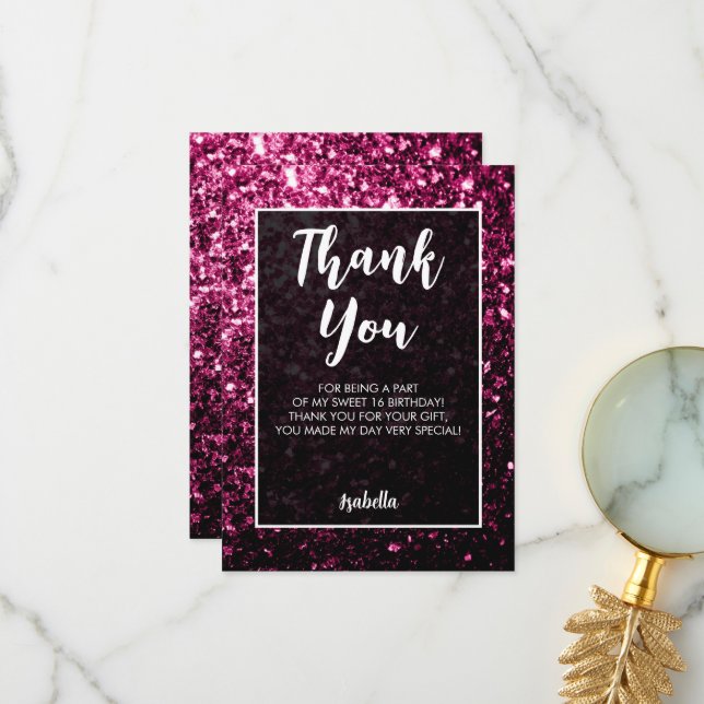 Dark pink sparkles Sweet 16 elegant script Thank You Card (Front/Back In Situ)