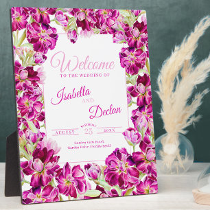 Dark pink stock floral watercolor wedding welcome plaque