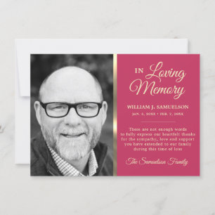 Dark Pink Sympathy Funeral Memory THANK YOU Photo Card
