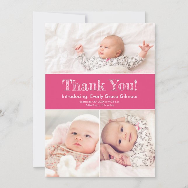 Dark Pink Three Photos Baby Girl Shower  Thank You Card (Front)