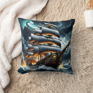 Dark Pirate Ship Sail Through Stormy Seas at Night Cushion