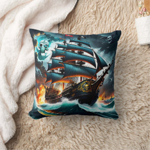 Dark Pirate Ship Sailing Through Stormy Seas Cushion