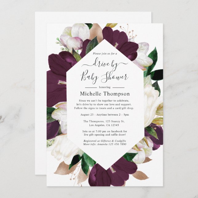 Dark Plum and White Spring Floral Drive By Shower Invitation (Front/Back)