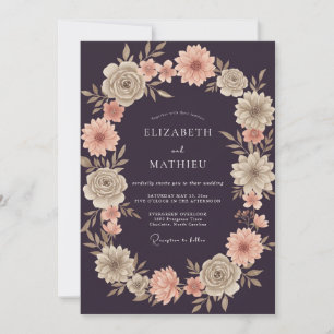 Dark Plum Apricot Wreath Wedding Invitation
