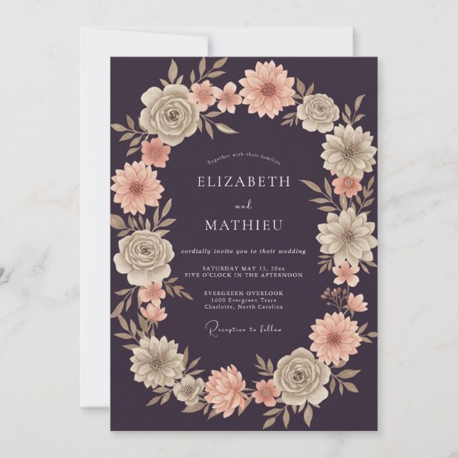 Dark Plum Apricot Wreath Wedding Invitation (Front)