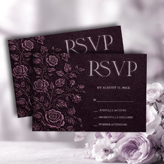 Dark Plum Faux Emboss Rose Wedding RSVP Card