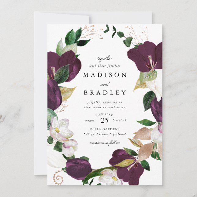 Dark Plum Floral Frame | Wedding Invitation (Front)