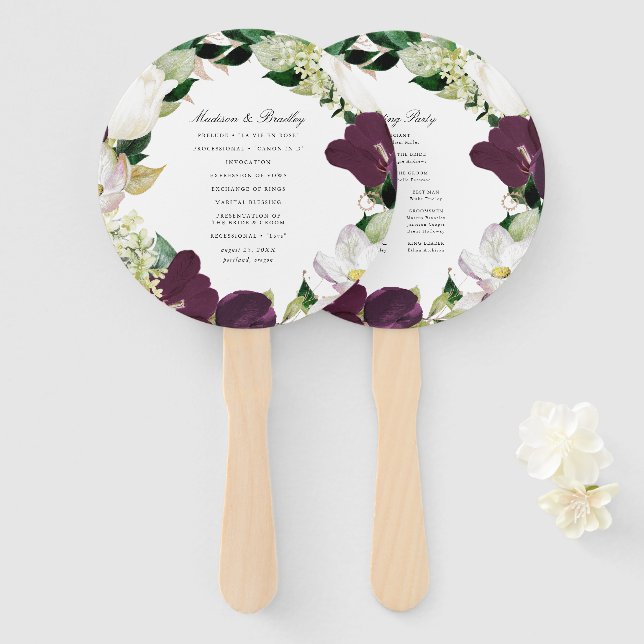 Dark Plum Floral | Personalised Wedding Program Hand Fan (Front and Back)