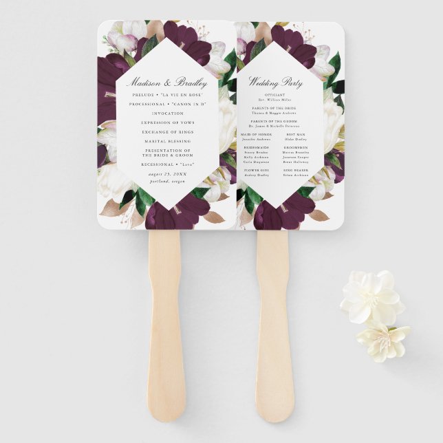 Dark Plum Floral | Personalised Wedding Program Hand Fan (Front and Back)