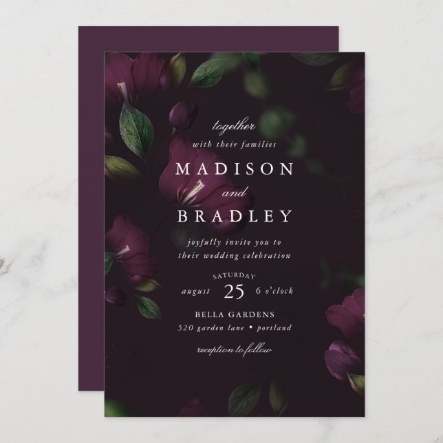 Dark Plum Floral | Wedding Invitation (Front/Back)