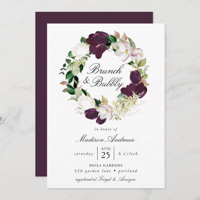 Dark Plum Floral Wreath | Brunch and Bubbly Invitation (Front/Back)