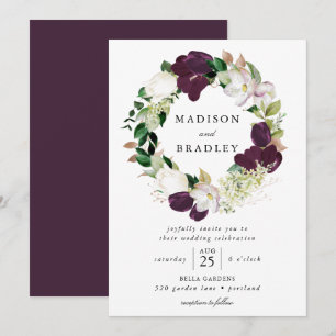 Dark Plum Floral Wreath   Wedding Invitation