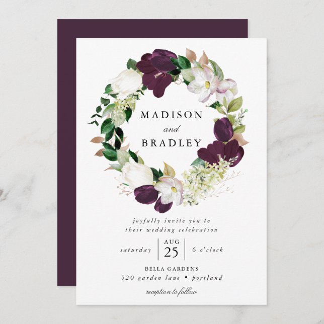 Dark Plum Floral Wreath | Wedding Invitation (Front/Back)