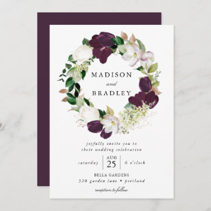 Dark Plum Floral Wreath Wedding Invitation