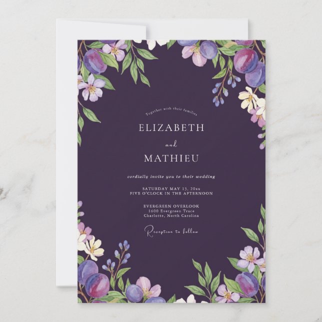 Dark Plum Fruit Eucalyptus Wedding Invitation (Front)