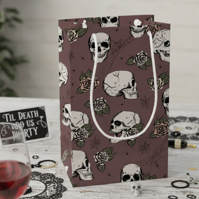 Dark Plum Gothic Skulls and Roses Halloween Small Gift Bag (Chic Plum Purple Floral Skulls Hallowedding Gift Bags for Her. Spooky Gothic Halloween Skull Pattern)