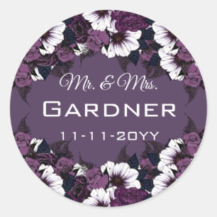Dark Plum Purple Romantic Floral Wedding Classic Round Sticker