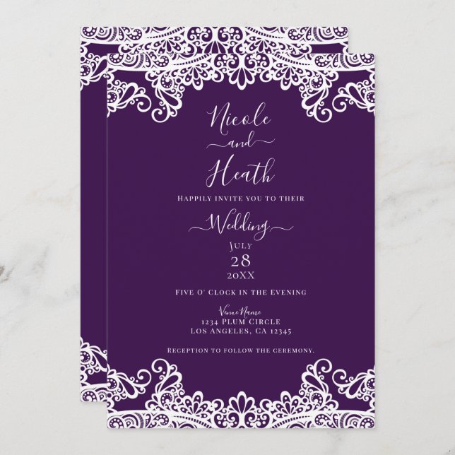 Dark Plum Purple & White Lace Elegant Wedding   Invitation (Front/Back)