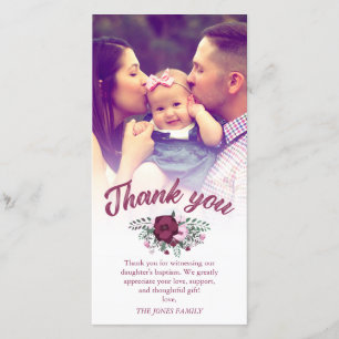 Dark Plum Rose Bouquet Baptism Thank You Photo Card
