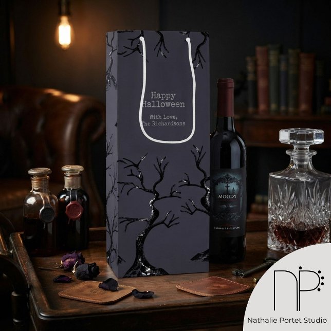 Dark Plum Spooky Oak Trees Wine Gift Bag (hand-drawn creepy old oak trees for Halloween parties and October birthdays for him)