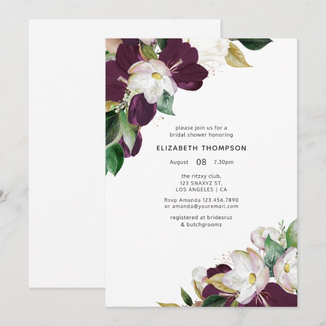 Dark Plum Velvet and White Spring Bridal Shower Invitation (Front/Back)